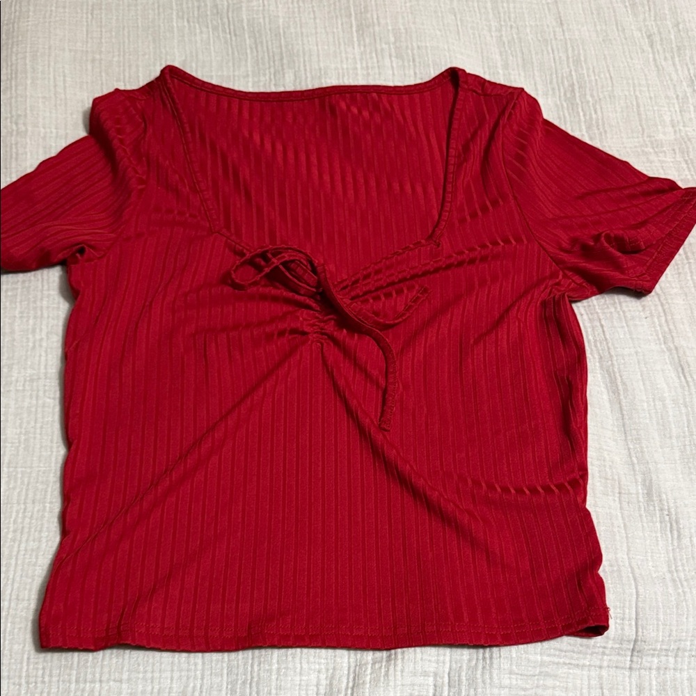 SHEIN Red Ribbed Short Sleeve Top